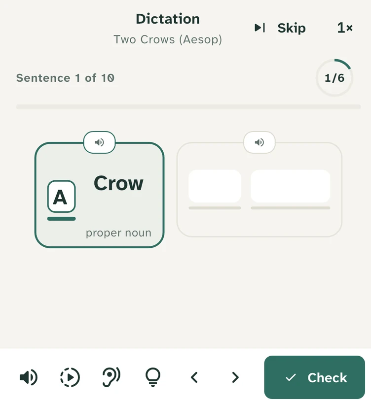Dictation: a box for each word, grouped into phrases labelled with their part