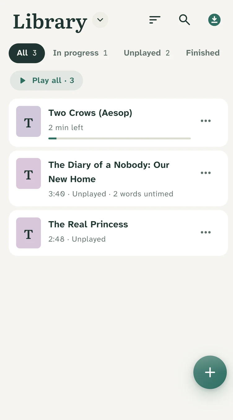 The library in the app: the three sample readers, one part-way through