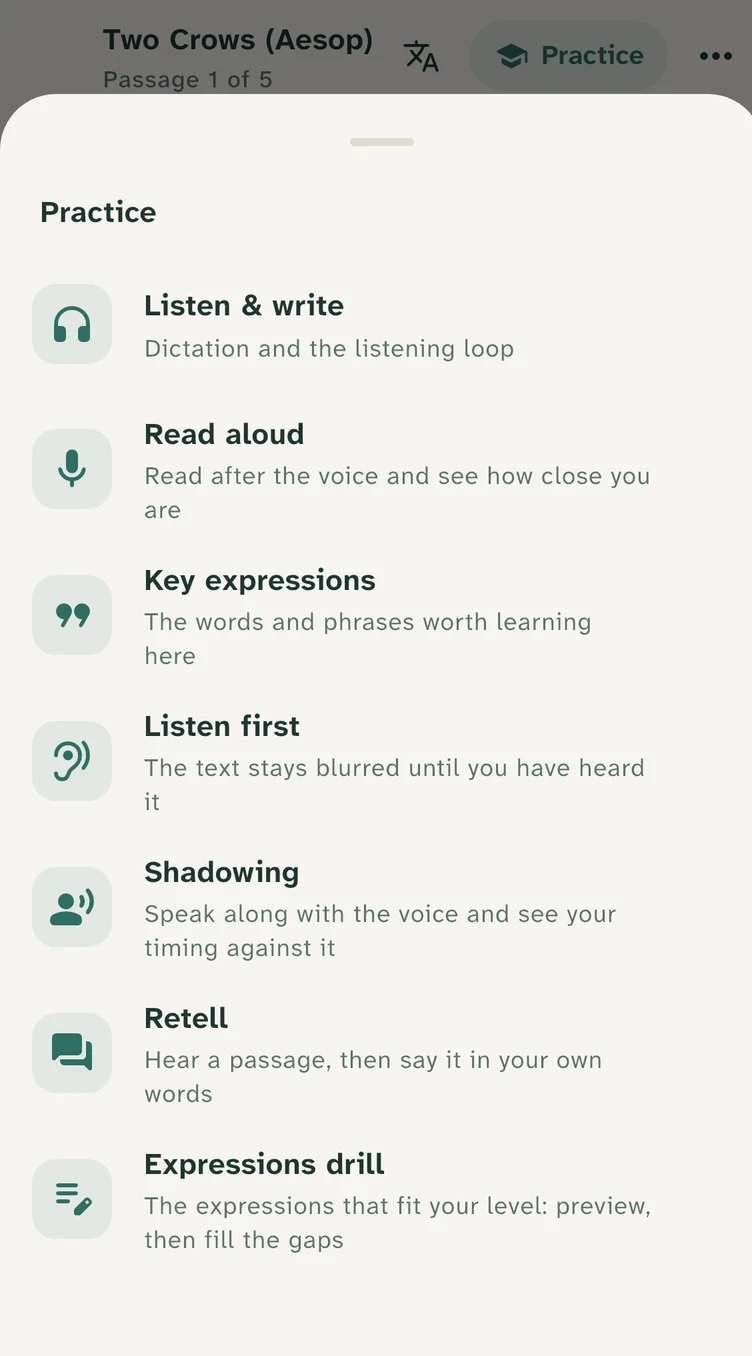 The Practice menu: Listen & write, Read aloud, Key expressions, Listen first, Shadowing, Retell and Expressions drill
