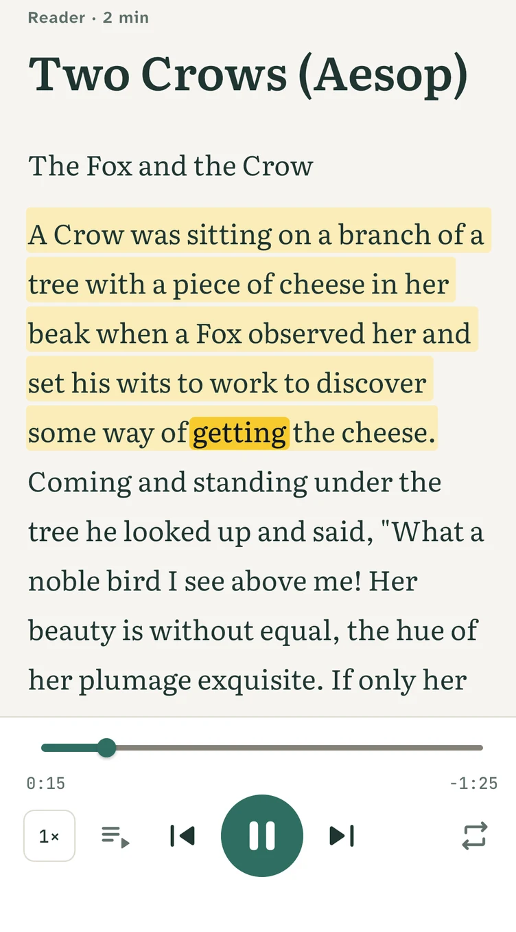 The reading room following the voice: the sentence washed yellow, the word highlighted