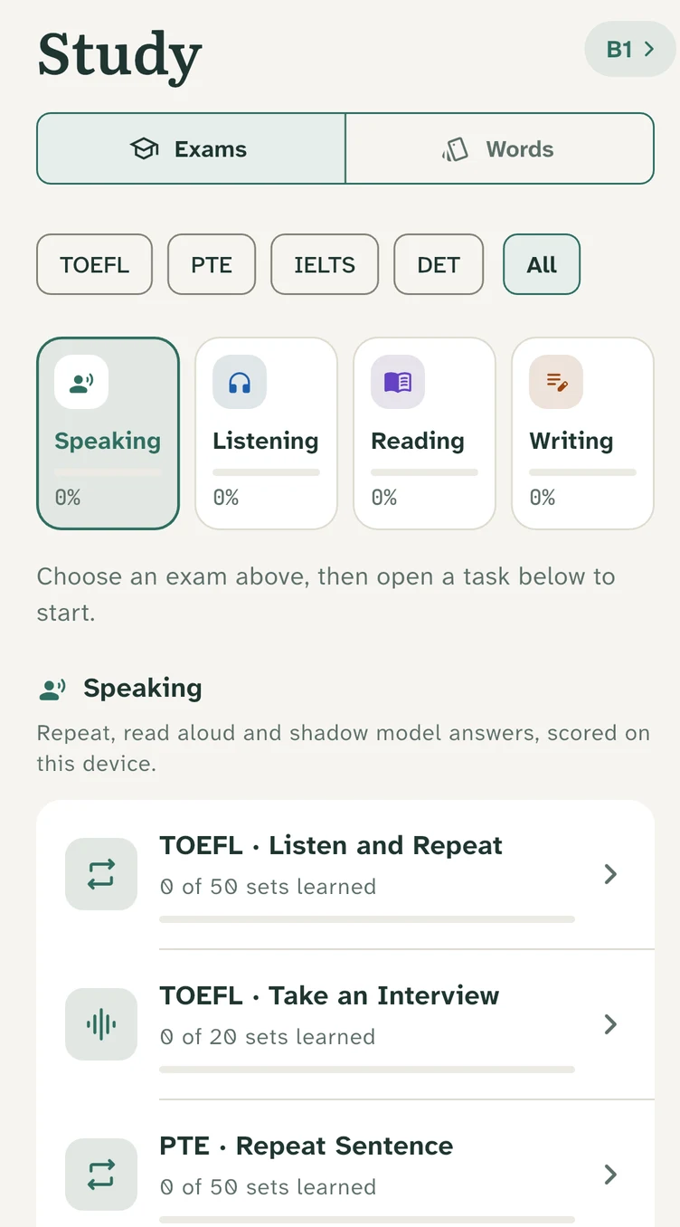 Study: exams by skill, with TOEFL, PTE, IELTS and DET tasks and the sets learned