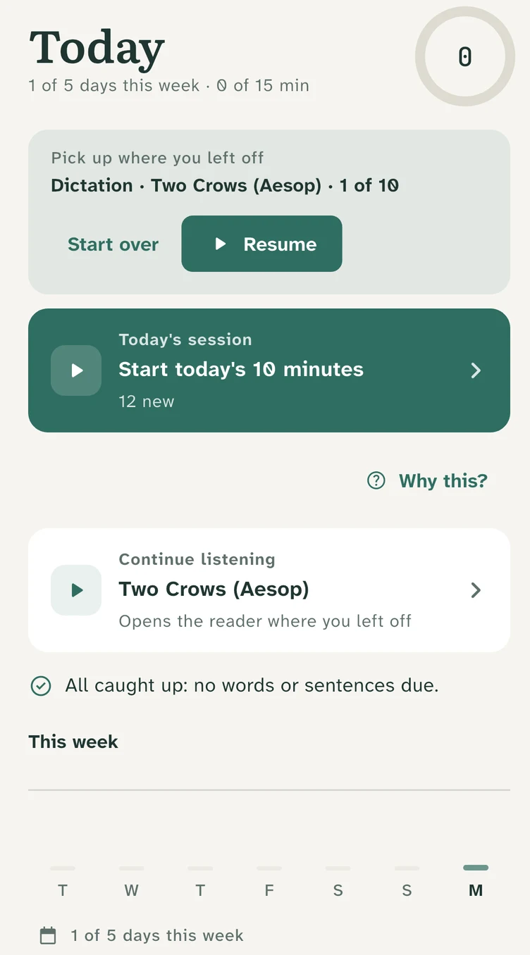 Today: today's session, where to pick up, and the days practised this week